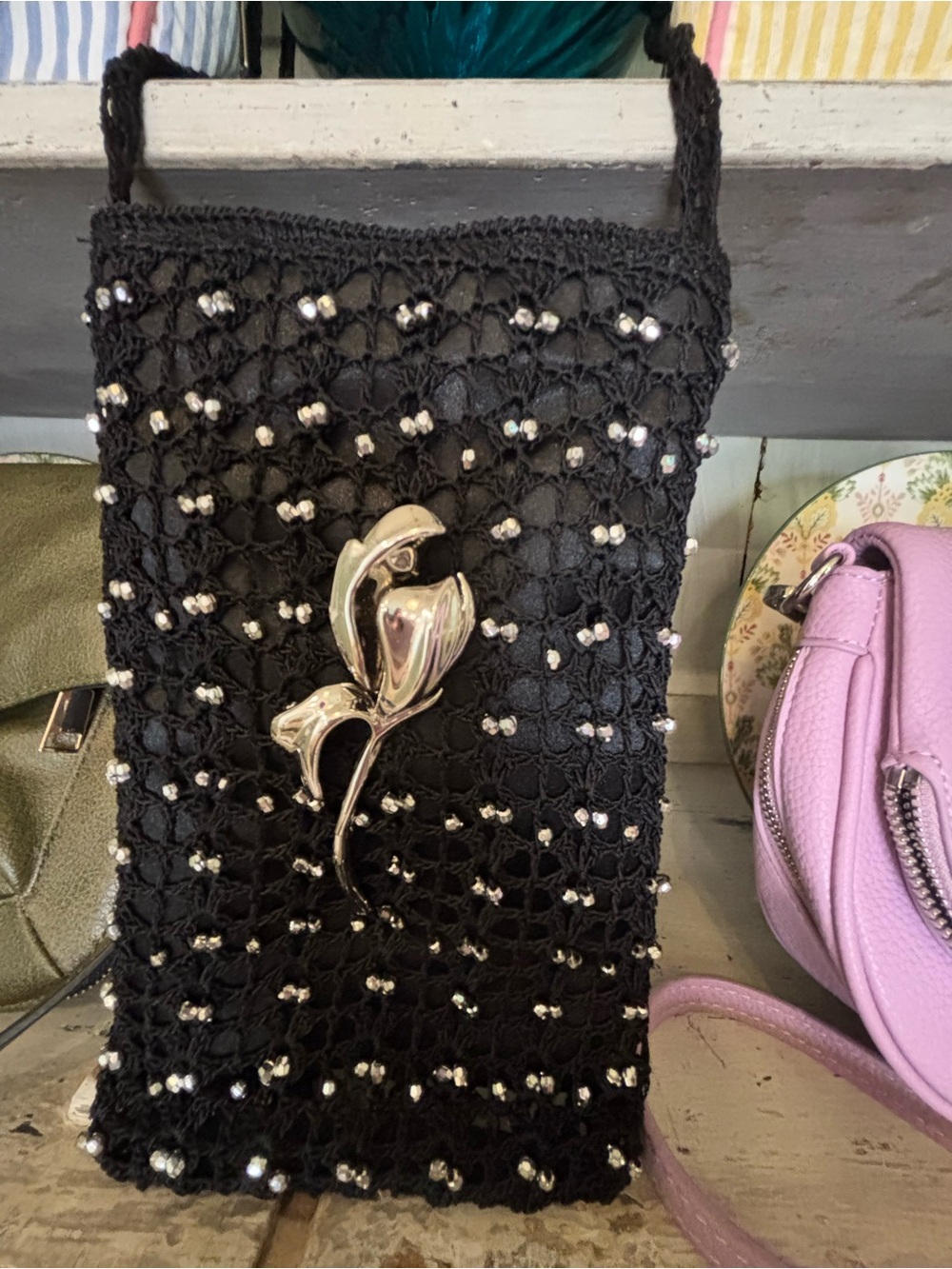 Black Beaded Crochet Crossbody Bag with Silver Floral Accent
